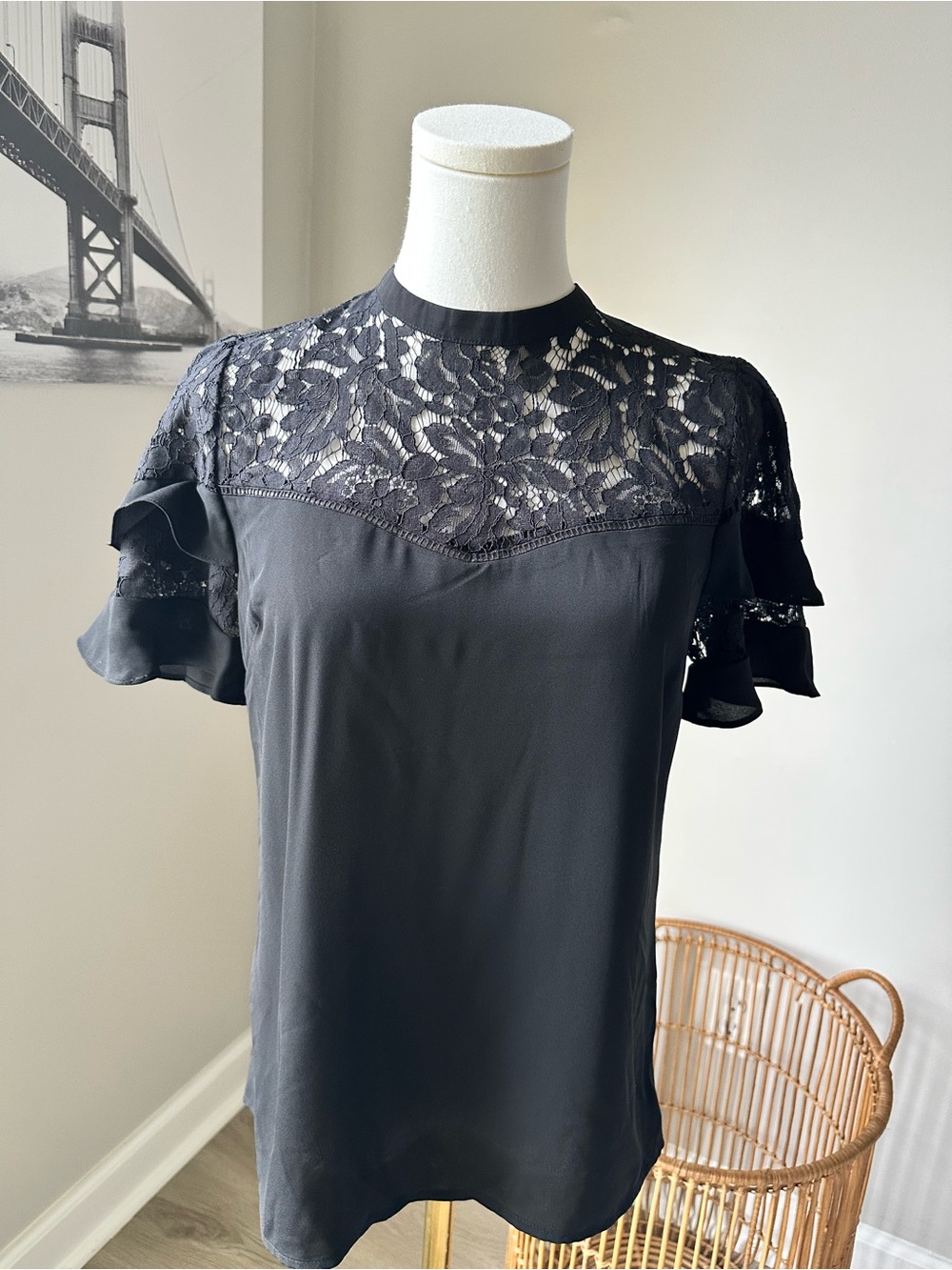 Oasis Black Lace Yoke Ruffle Sleeve Top